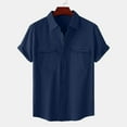 thumbnail image 2 of USNSM Men's Plus Size Solid Color Cotton Linen Shirts Summer Loose Breathable Comfortable Casual Pocket Short Sleeve Shirt Top Blue XXXXXL, 2 of 9