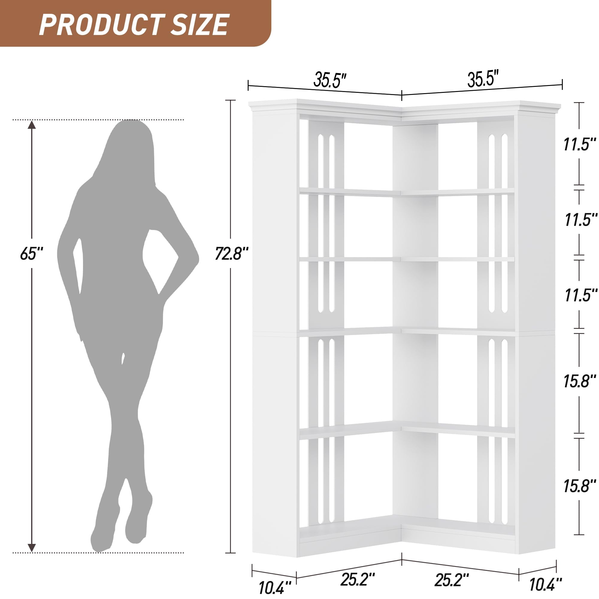 Riedhoff 72.8" Large Wood Bookcase, 5 Tier Corner Shelf, L Shaped, White