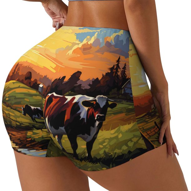 Fotbe Oil Painting Style Pasture Cow Shorts Sin Costuras – Shorts Deportivos de Cintura Alta para Mujer, Elásticos para Gimnasio, Yoga, Running o Ciclismo-X-Large