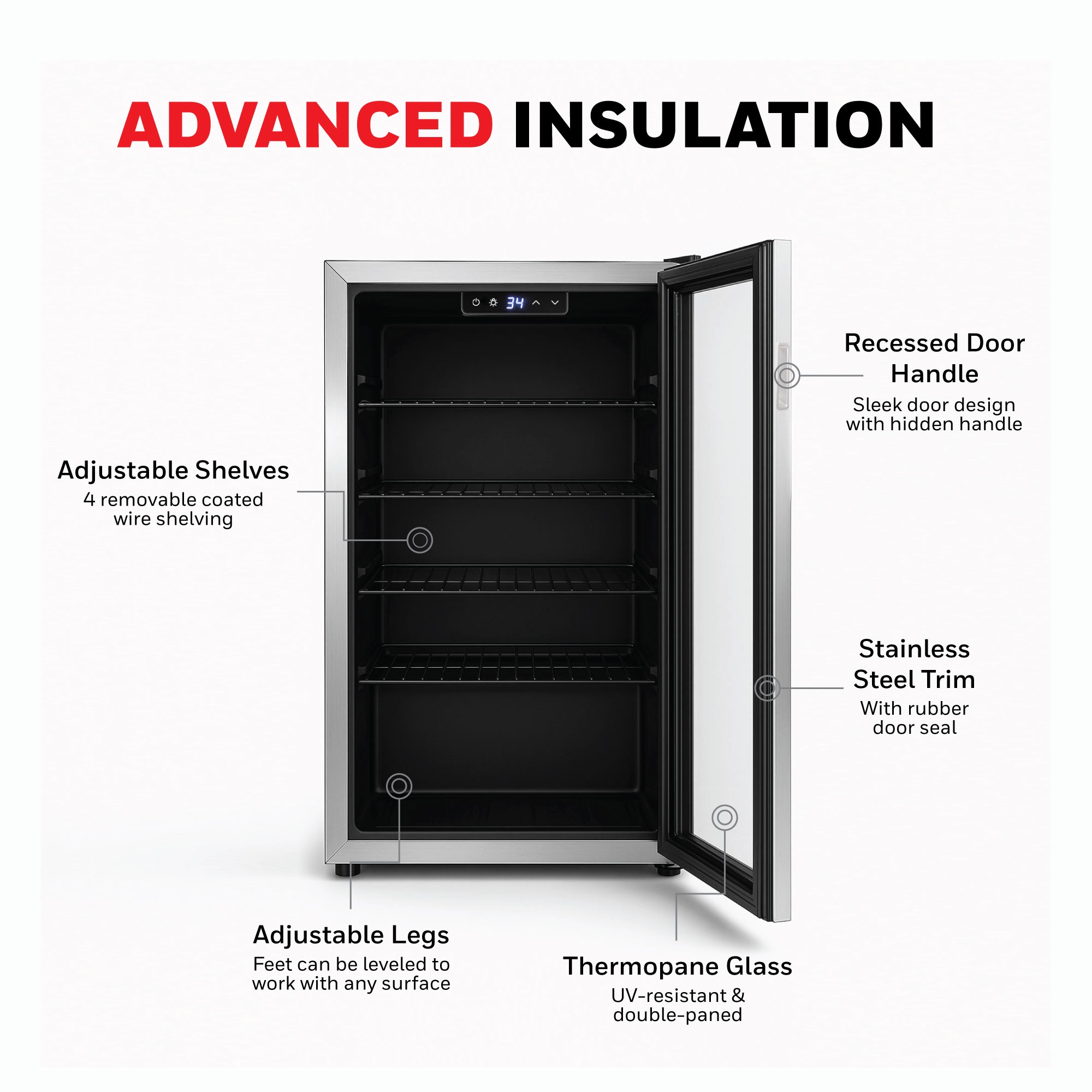 Honeywell Beverage Refrigerator and Cooler, 116 Can Mini Fridge with Glass Door for Soda Beer or Wine for Office or Bar with Adjustable Removable Shelving