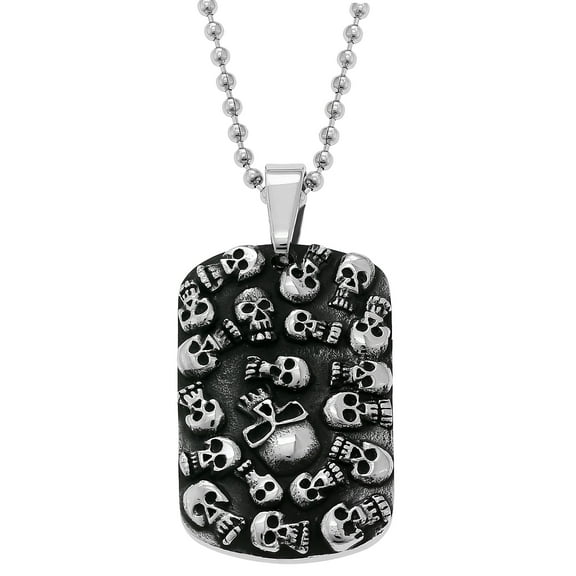 Metro Jewelry Skull Dog Tag Pendant Necklace for Men in Stainless Steel with Black Ion Plating on 24 Inches Long Ball Chain