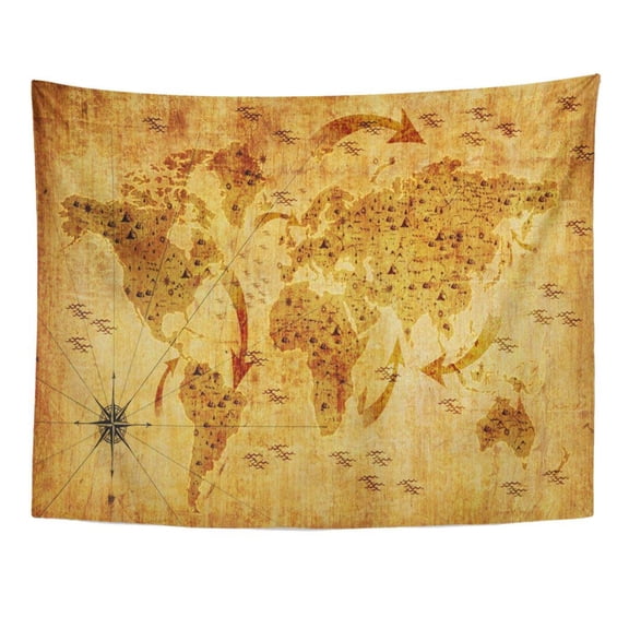 ZEALGNED Abstract Old World Map Arrows and Relief 3D Rendering Wall Ancient Book Wall Art Hanging Tapestry Home Decor for Living Room Bedroom Dorm 51x60 inch