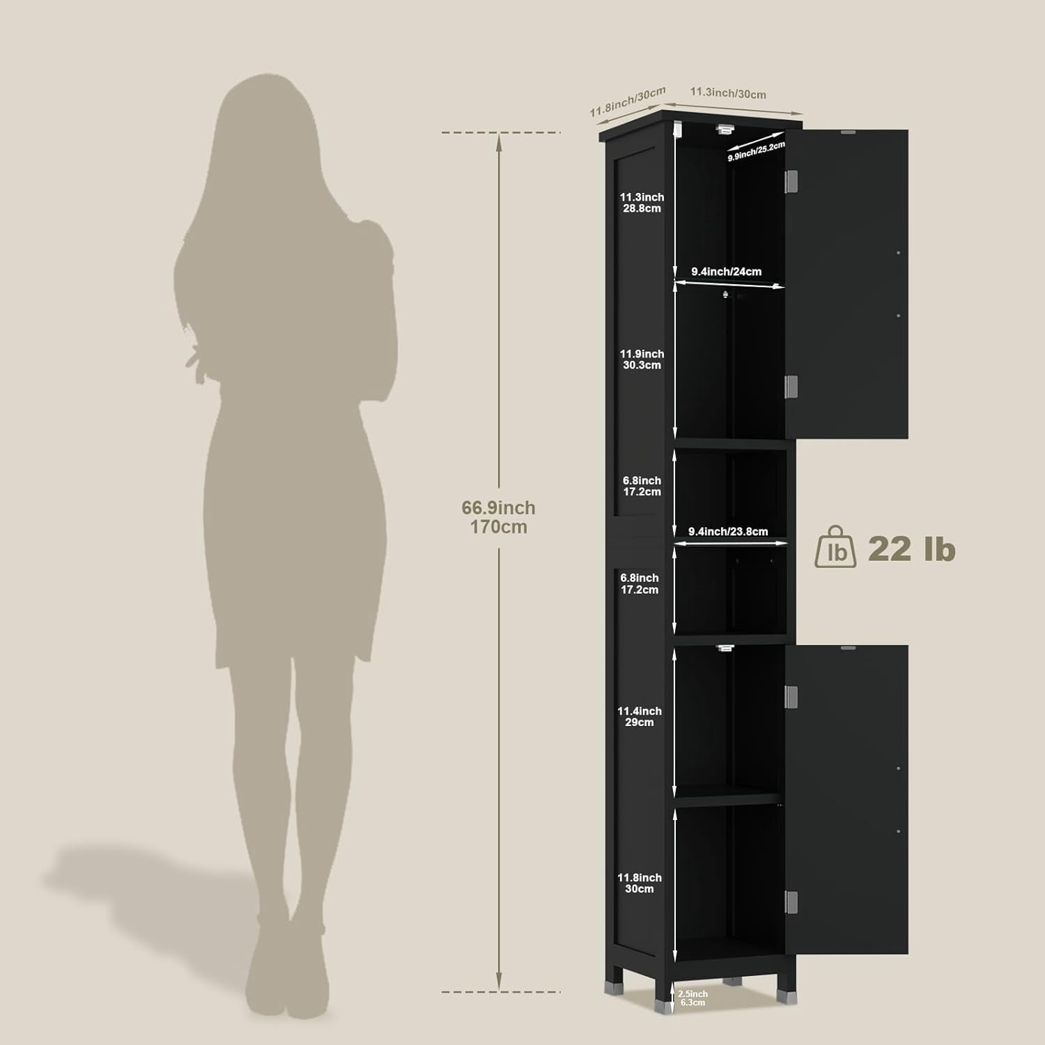 67" Tall Bathroom Storage Cabinet with Lights, Slim Narrow Bathroom Cabinet Organizer with Doors and Adjustable Shelves, Tall Cabinet for Small Space, Living Room, Kitchen, Black