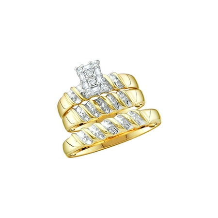Yellow Gold Diamond Cluster Ring Sizes - L = 9, M = 10 - 14k Yellow Gold Trio His & Hers Round Diamond Cluster Matching Bridal Wedding Ring Band Set (1/10 Cttw) ()