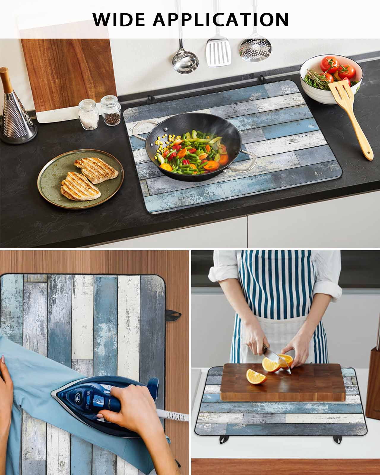 nqOlkjepod Large Induction Cooktop Protector Mat 24"x21", Blue Grey Wooden Stove Top Covers for Electric Stove, Farmhouse Vintage Cabin Stripes Stove Burner Cover Mats, Glass Top Stove Cover