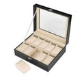 thumbnail image 2 of Caja de reloj con tapa, caja de reloj con 10 ranuras, vitrina, cajas de almacenamiento de reloj de cuero PU con tapa de vidrio, color negro, 2 of 5