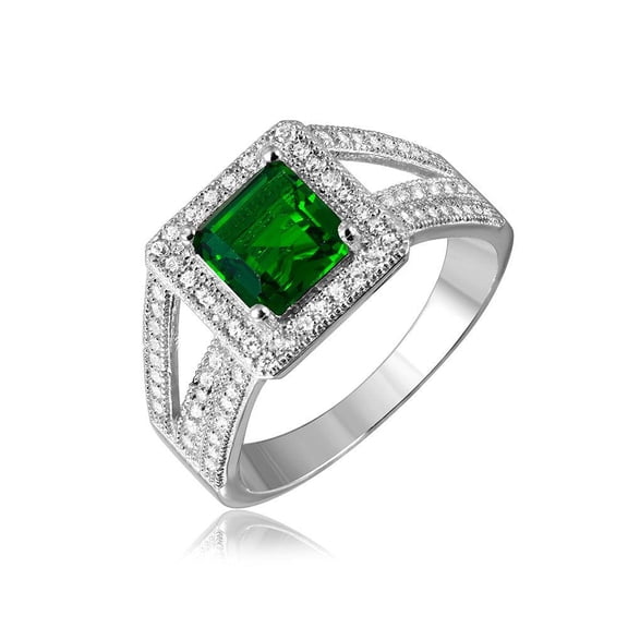 Rhodium Plated Sterling Silver 925 Green Square Halo Clear Cubic Zirconia Ring Jewelry Female Size 9