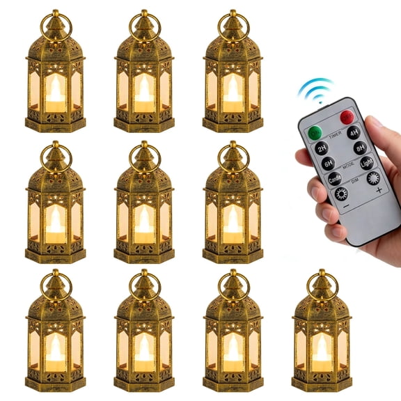 Sziqiqi Set of 10 Vintage Gold Mini Lanterns: Remote Control Flameless LED Candles with Timer Safe Battery Operated Small Lights for Wedding Centerpieces Party Mantle Shelf Table Moroccan Style