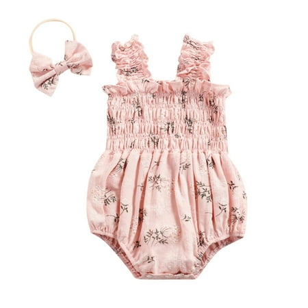 

Adorable Floral Print Ruffle Sleeveless Romper for Newborn Infant Toddler Baby Girl Cute Summer Outfit with Matching Headband Size 0-24M D05