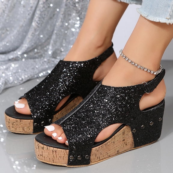 FAKKDUK Sandals Women Dressy Summer Comfortable Low Wedges Sandal Retro Walking Ankle Strap Buckle Shoes Women's Flat Shoes Trendy Sandals, 7.5&Black