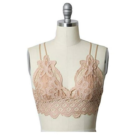 

TD Collections Women s Floral Lace Bralette Removable Padded Wirefree Longline Bra Bustier (Nude Large)