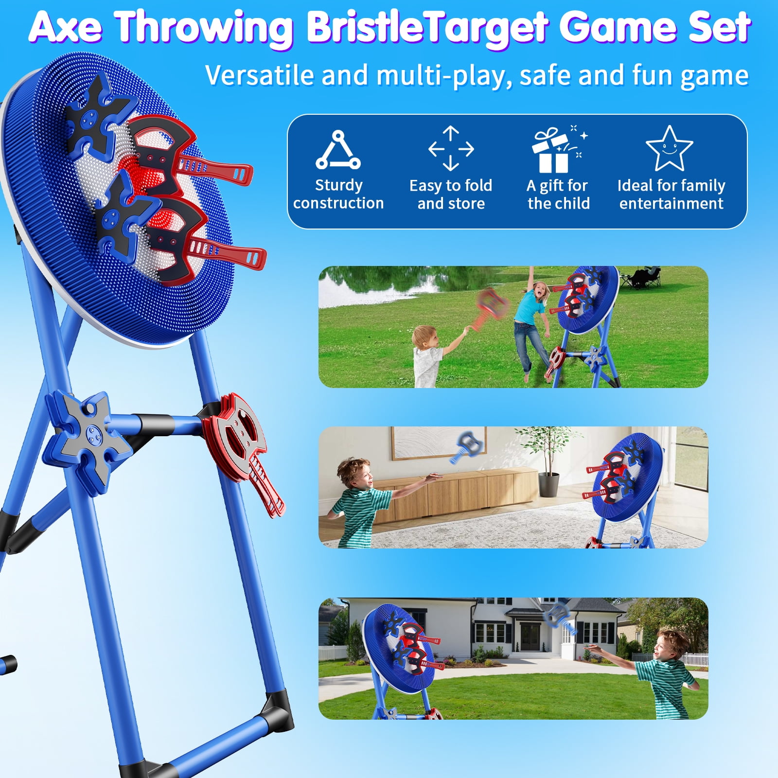 Family Axe Throwing Game with 4 Axes & 4 Darts for Kids & Adults,Axe Throwing Game for Backyard, Indoor &Outdoor,Yard Games,Carnival Games（Blue）