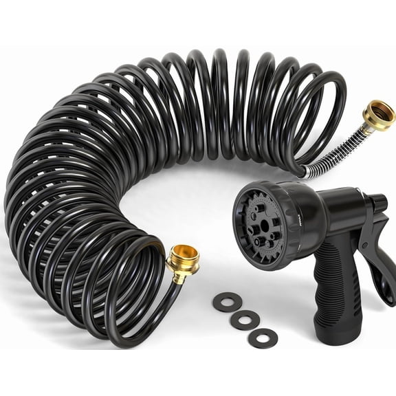 X 3/8" Coil Garden Hose with Expandable Garden Hose with 3/4" 50FT, Black