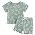 thumbnail image 2 of Girls Summer Outfits Summer Bow Print Short Sleeve Top and Shorts Soft Casual Set Toddler Girl Clothes Green 12-18 Months, 2 of 3