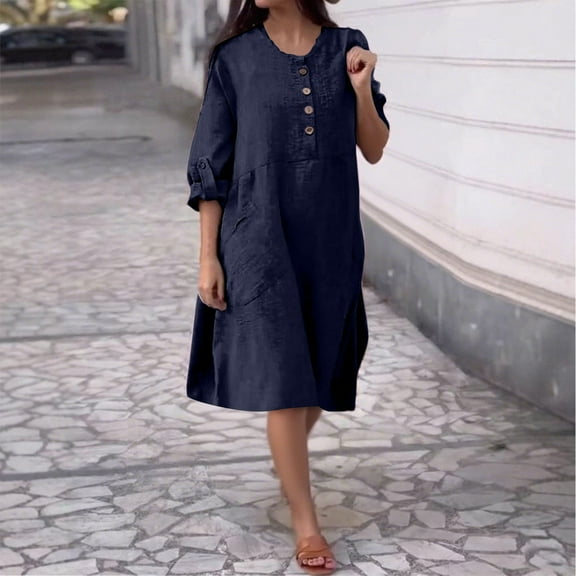 Aueoeo Womens Dresses Sundresses for Women Ladies' Loose Casual Solid Color Linen Double-Sided Pocket Button Long Sleeved Dress Women's Casual Dresses