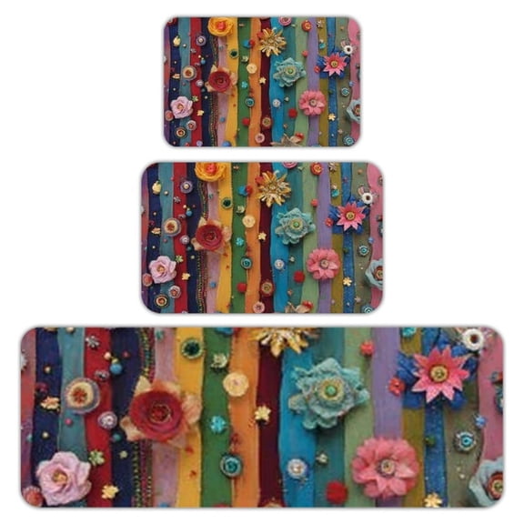 RKSupls Kitchen Rug Set 3 Piece Anti-Slip Flannel Floor Mats, Rainbow Flower Stripes Washable Absorbent Runner Mats for Kitchen Bathroom Home Decor