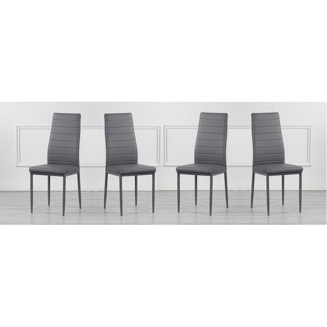 Set of four Nash grey PU upholstered dining chairs with horizontal stitching and sturdy metal legs displayed on light wood flooring against white paneled wall.