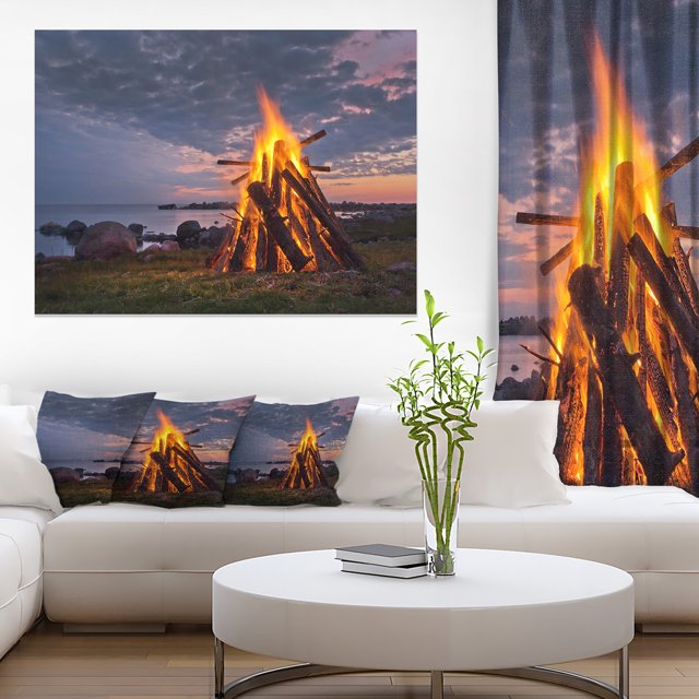 Bonfire on Beach in Summer Night - Landscape Canvas Art Print