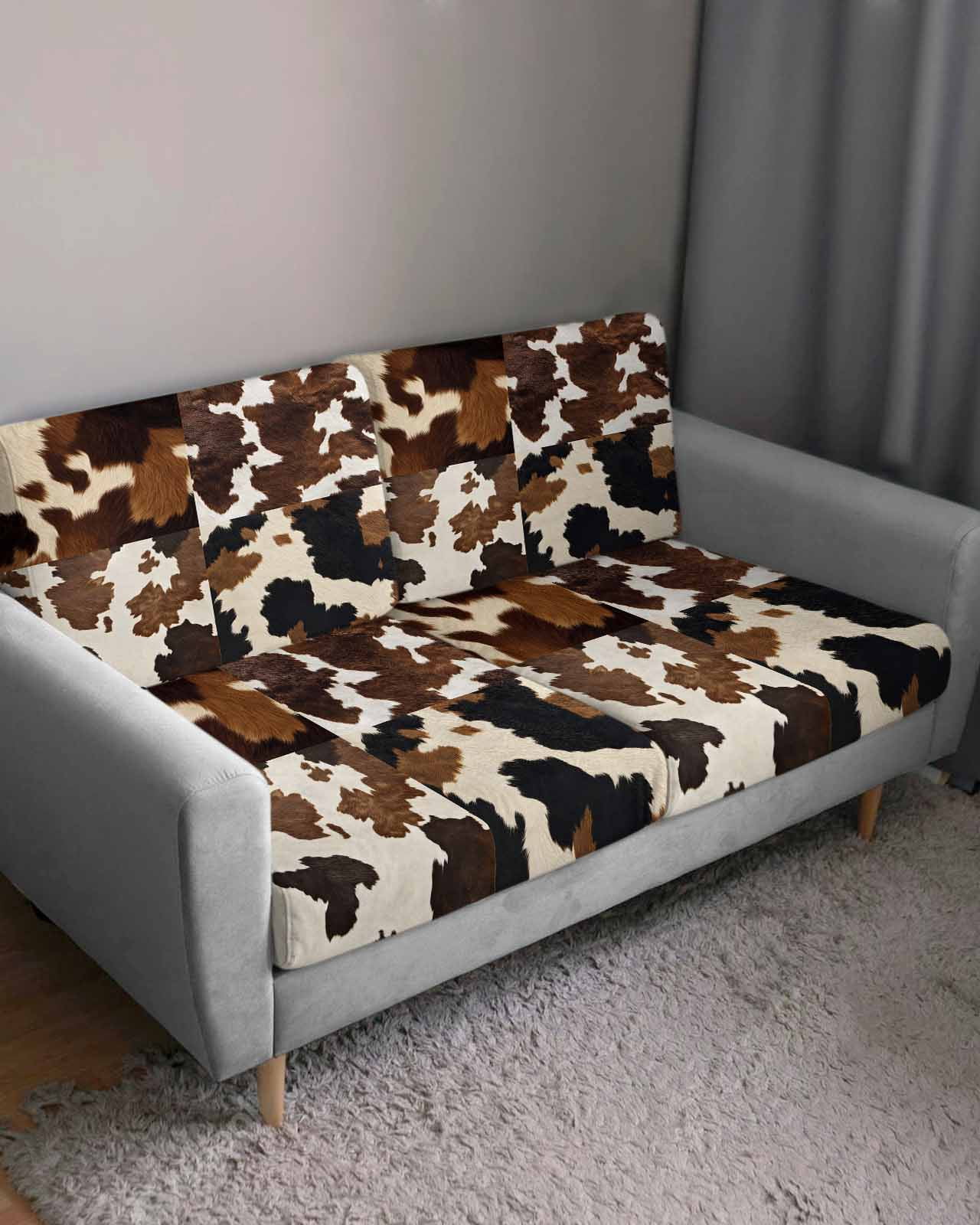 Cow Patterned Couch Cushion Covers,Stretch Seat Cushion Covers for Sectional Sofa,Vintage Farmhouse Abstract Country Western L-shaped Sofa&nbsp;Slipcovers Furniture Protector W/ Elastic Straps 1Pcs,L