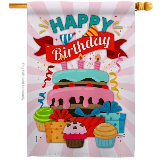 Angeleno Heritage H137080-BO Happy Birthday Cake Celebration Double-Sided Garden Decorative House Flag, Multi Color