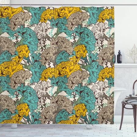 Ambesonne Floral Shower Curtain, Drawing Style Vintage, 69"Wx84"L, Earth Yellow Turquoise