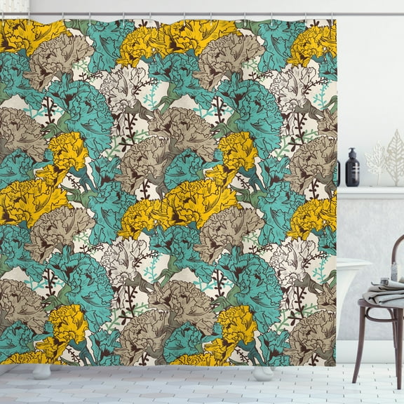 Ambesonne Floral Shower Curtain, Drawing Style Vintage, 69"Wx84"L, Earth Yellow Turquoise