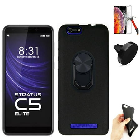 For Cloud Mobile Stratus C5 Case / C5 Elite with Screen Protector, Phone Stand, Car Mount, Flexible Gel Case (Gel Black +Tempered Glass +2in1 Ring +Car Mount)