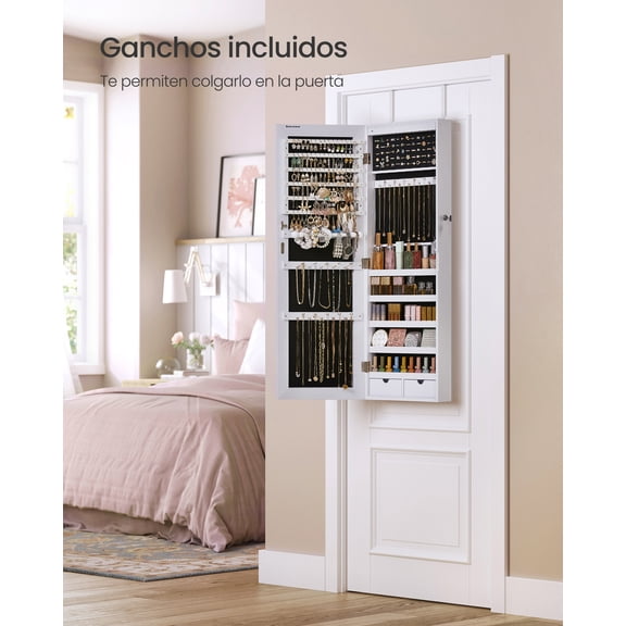 SONGMICS Espejo Joyero de Pared, Espejo Joyero Colgante sin Marco, Armario de Joyas con 6 Luces LED, con 2 Cajones, Blanco