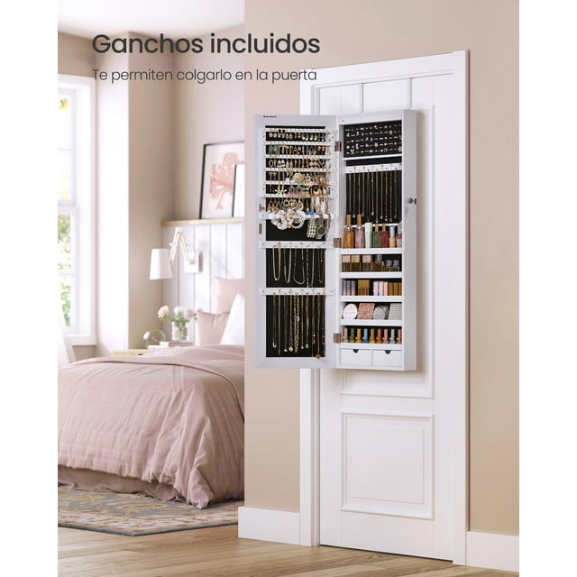 SONGMICS Espejo Joyero de Pared, Espejo Joyero Colgante sin Marco, Armario de Joyas con 6 Luces LED, con 2 Cajones, Blanco