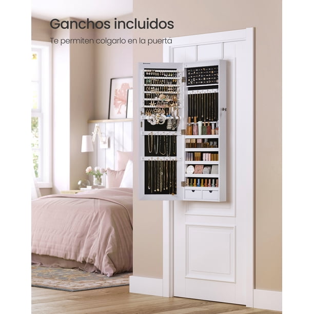 SONGMICS Espejo Joyero de Pared, Espejo Joyero Colgante sin Marco, Armario de Joyas con 6 Luces LED, con 2 Cajones, Blanco