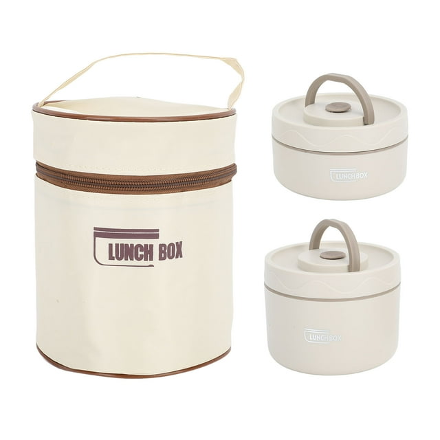 Contenedor de almuerzo aislado de acero inoxidable 304 a prueba de fugas portátil redondo térmico Bento Box con tapa y bolsa térmica beige 2 piezas