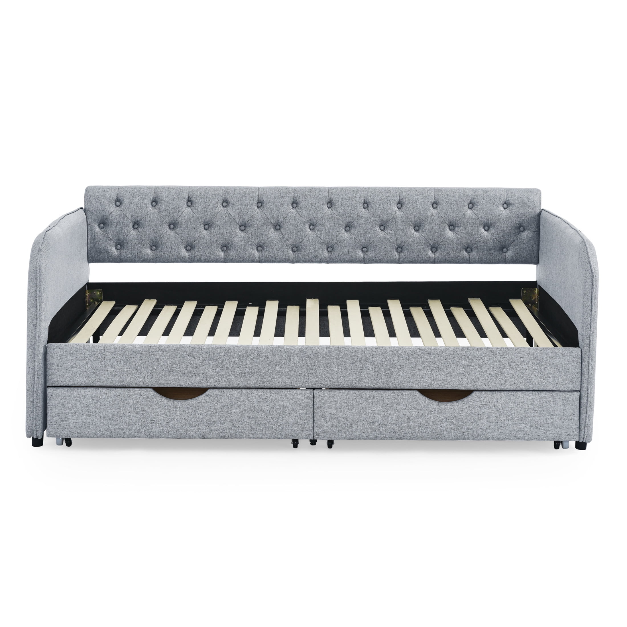 Noble House Nevaeh Twin Upholstered Linen Daybed, Extendable Twin to King Trundle Bed Frame with Storage Drawers, Gray