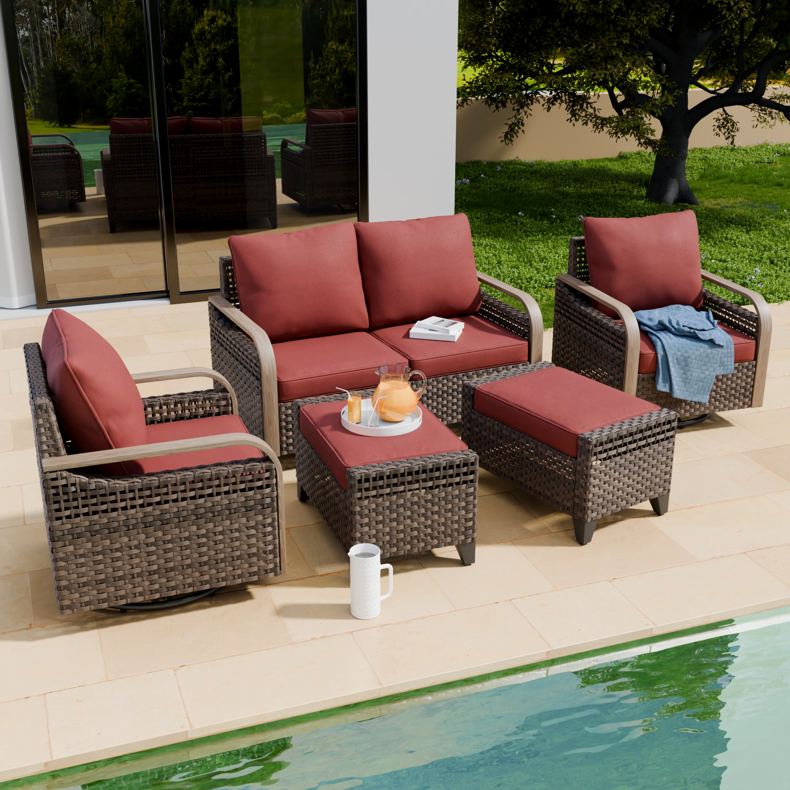 COOS BAY 5 Piece Brown Wicker Patio Sofa Set Outdoor Rattan Furniture Conversation Set Loveseat, Swivel Glider Chairs and Ottomans with Red Cushions
