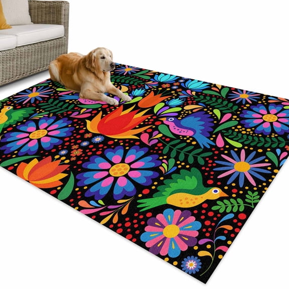 Outdoor Rug 5x8 ft Boho Mexican Texture Waterproof Outdoor Patio Rug Mat Non Slip Outside Area Rugs Carpet for RV,Camping,Porch,Deck,Pool,Balconybackyard,Abstract Floral Bird Multicolor
