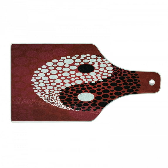 Ying Yang Cutting Board, Abstract Graphic Design Yin Yang Circle Black and White Dots Pattern Cosmos and Energy, Tempered Glass Cutting and Serving Board, Wine Bottle Shape, Red, by Ambesonne
