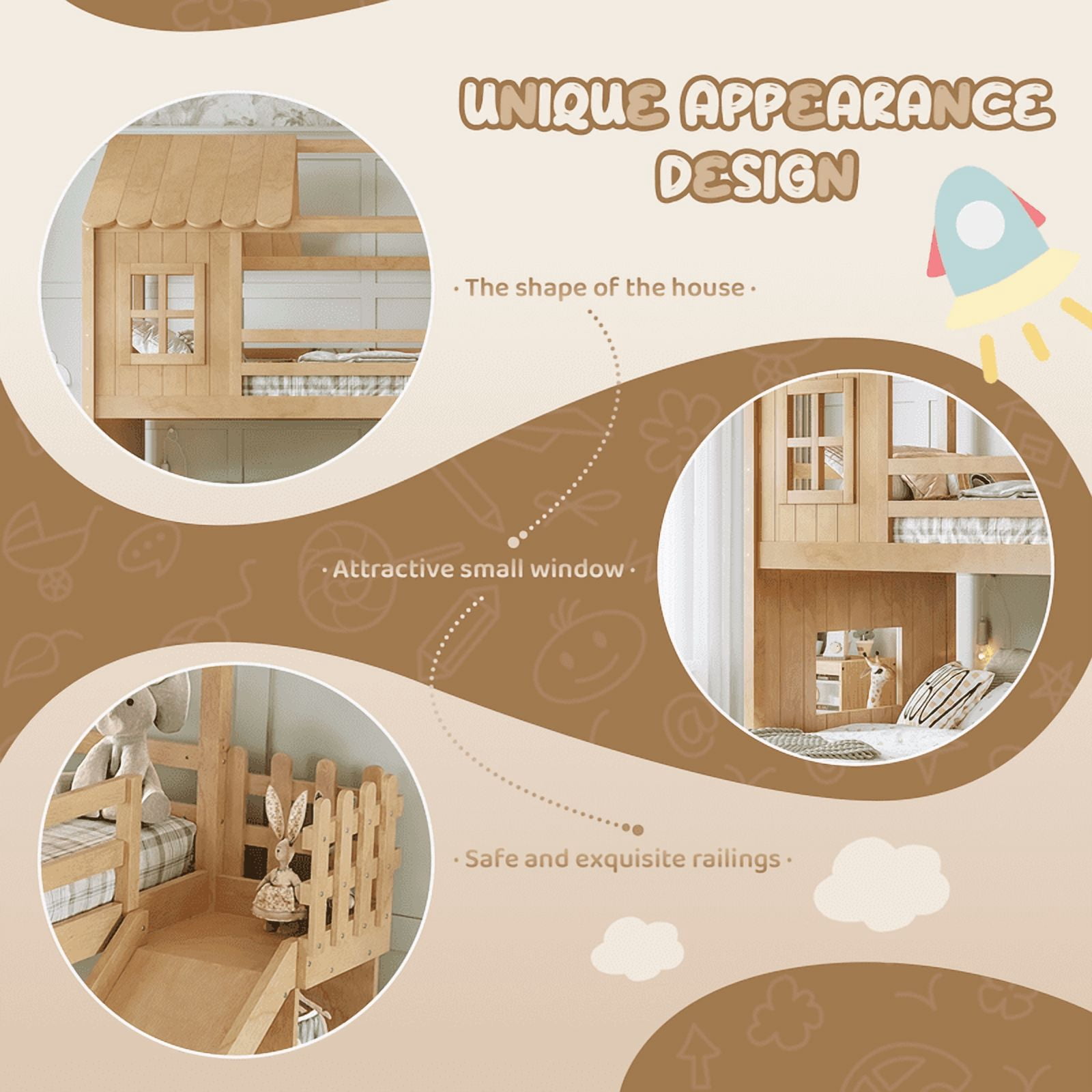 Twin Over Full House Bunk Bed with Slide and Ladder, Kids House Floor Bunk Bed with Storage Shelves and Wardrobe, Playhouse Design, Solid Wood Frame, No Box Spring Needed