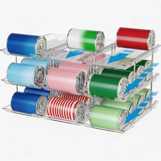 Organizador de latas apilable de 3 niveles para despensa, Soporte para latas de refrigerador con capacidad para 36 latas, Combinación libre y ruedas automáticas para la cocina. Transparente.