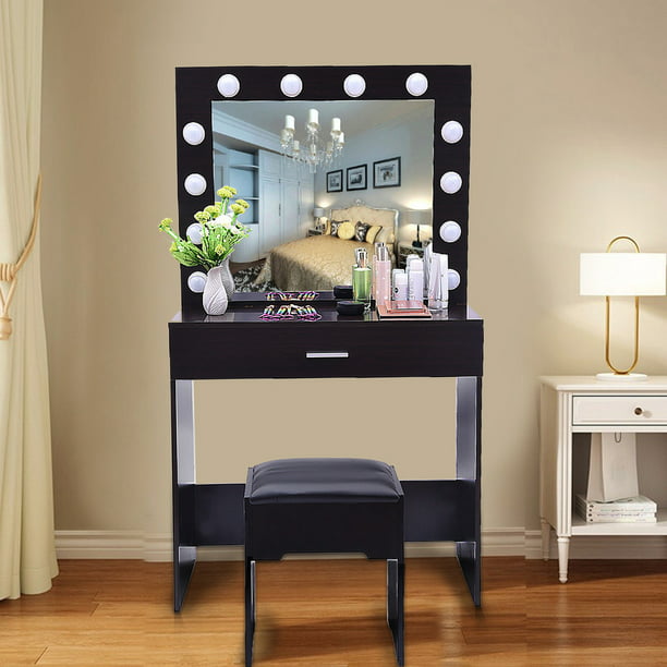 LNCDIS】Vanity Set With Lighted Mirror Cushioned Stool Dressing 