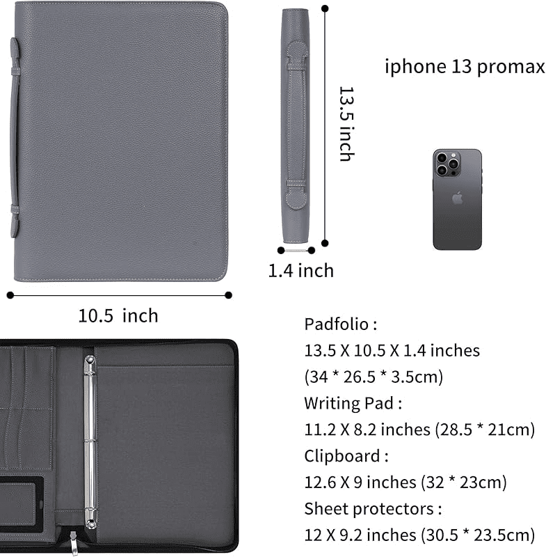 Wonderpool Travel Zippered Portfolio 3 Ring Binder A4 Padfolio Document Case with Removable Clipboard Legal Pad Holder, Business Office School Organizer for Men and Women (Gray)