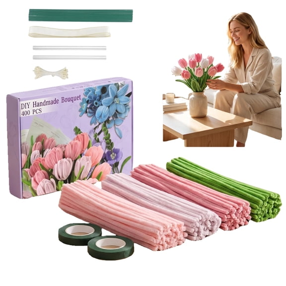 Pipe Cleaners Craft Kit 400 Pieces, Chenille Stems in Assorted Pink and Green for DIY Flower Making, Floral Wires and Tape Included
