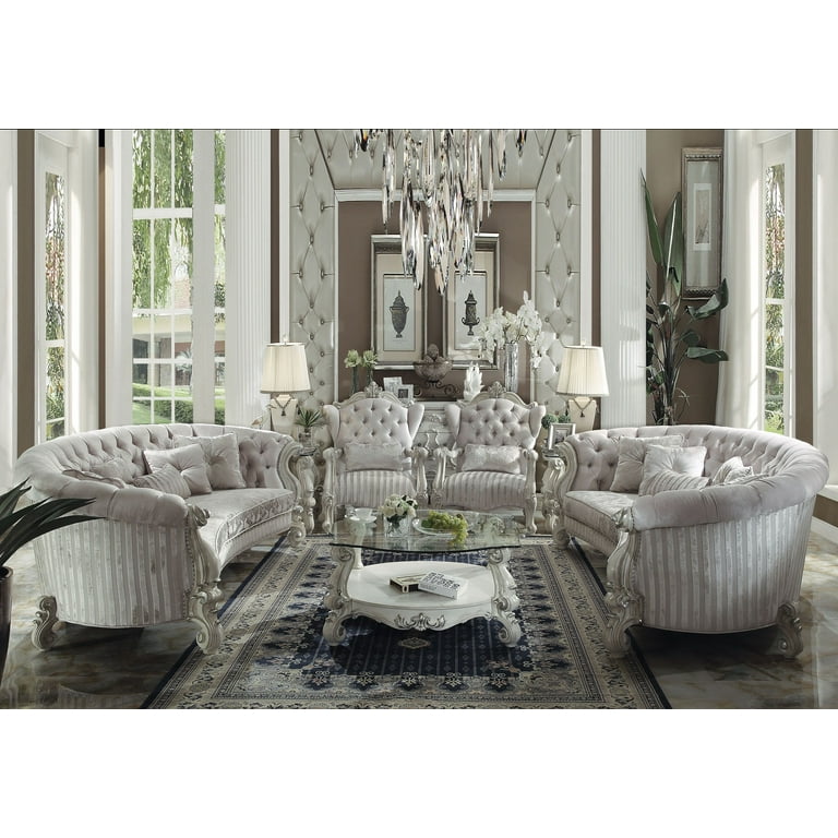 ACME Versailles Sofa with 5 Pillows in Ivory Velvet and Bone