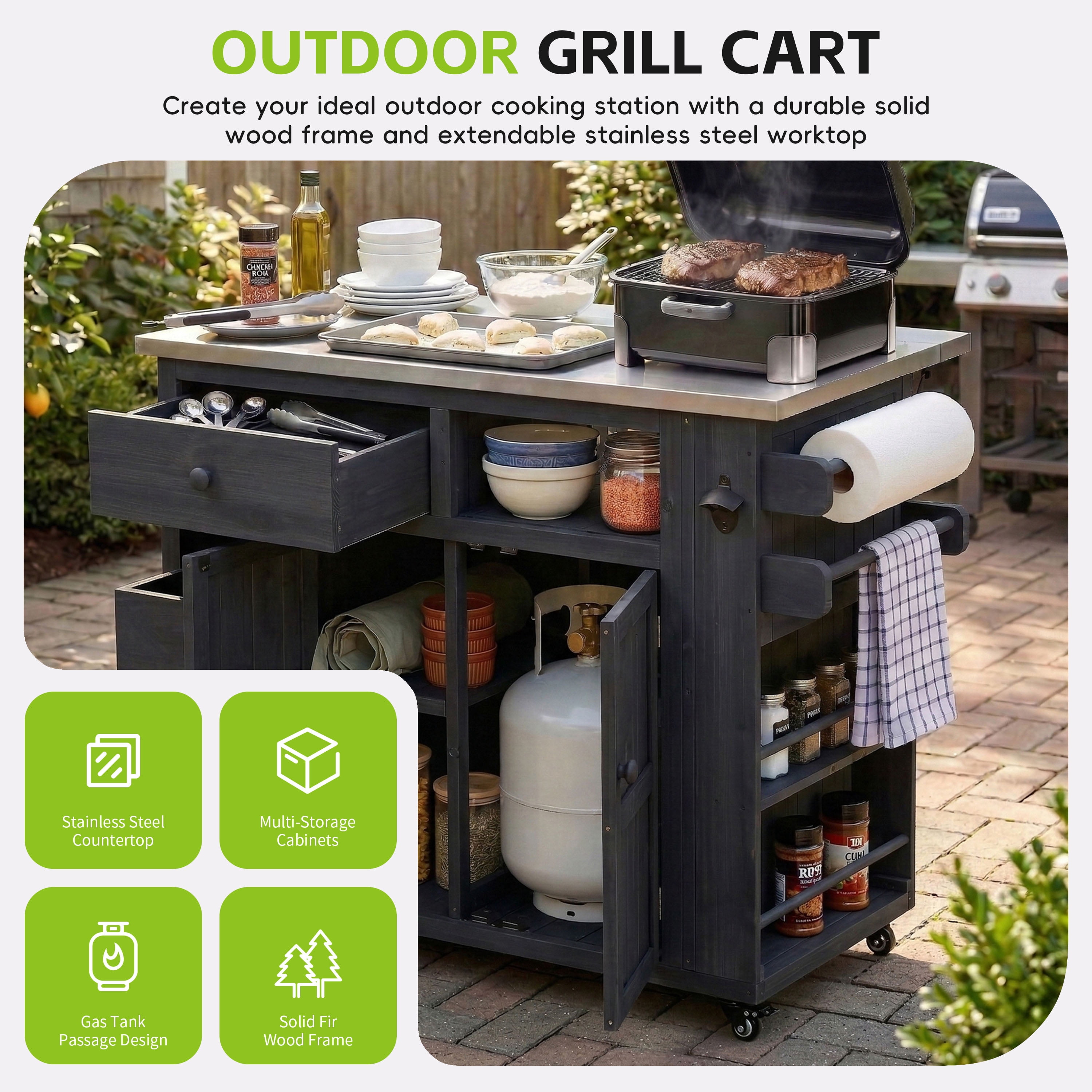 Outdoor Grill Cart with Extendable Table – 19.3"/28" Solid Wood Top, Stainless Steel Grill Table, Side Spice Rack, Drawers, Storage Cabinet for Backyard BBQ, Black