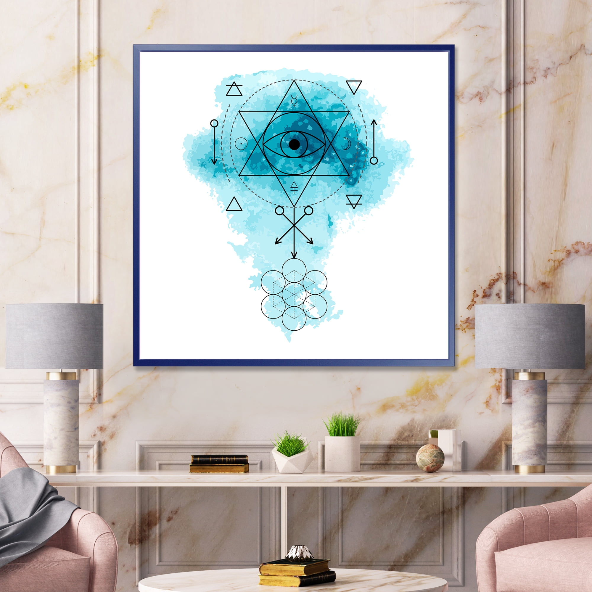 Designart 'Sacred Geometry and Symbol of Alchemy II' Bohemian & Eclectic Framed Canvas Wall Art Print