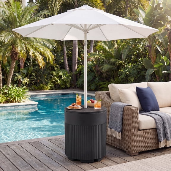 MOALCOFER Umbrella Side Table, Outdoor Patio Stand with Umbrella Hole, 14.8" Round Coffee End Table with 11.5 Gallon Reservoir, for Porch, Poolside, Garden, Indoor & Outdoor Use, Black