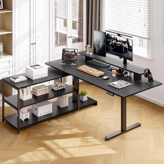 L Shaped Standing Desk with File Cabinet, 63x24'' Electric Stand Up Desk with Monitor and Storage Shelf, Adjustable Height 28-46'' for Home and Computer Workstation, Walnut