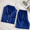 thumbnail image 3 of SwiftWear Women's Light/Dark Blue Satin Pajama Set - 2-Piece Notch Collar Button-Up Shirt & Contrast Trim Shorts with White Piping, Breathable Summer Sleepwear & Loungewear Gift Set, 3 of 6