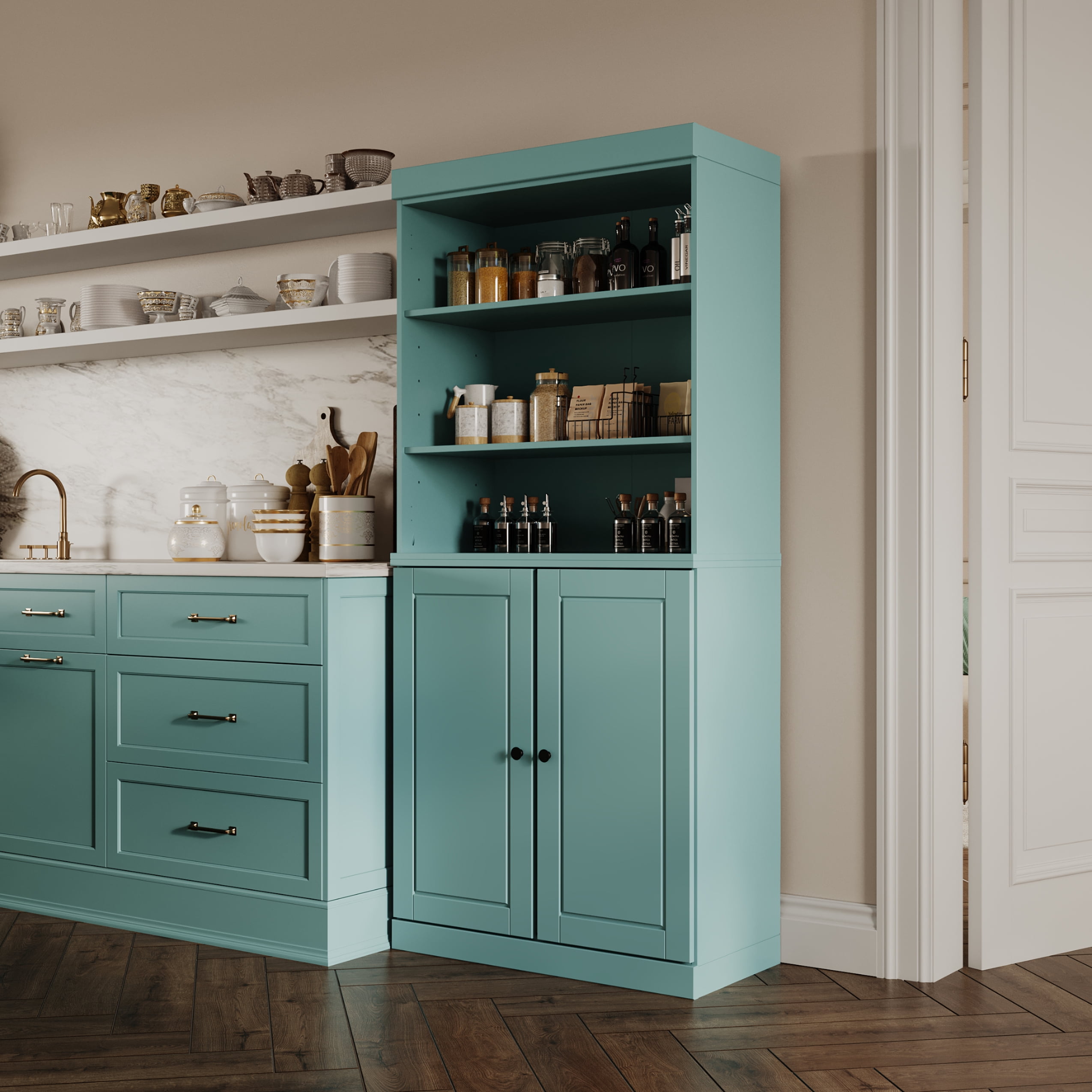 Palace Imports 100% Solid Wood 32" Pantry Cabinet, Solid Wood Doors, Aqua Blue