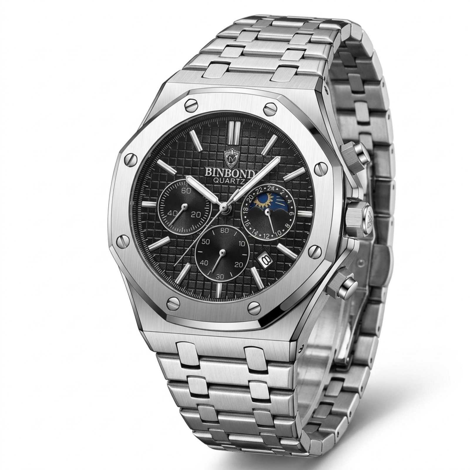 Men's Octagonal Chronograph Quartz Watch, Moon Phase, Date, Luminous, Stainless Steel Wristwatch
