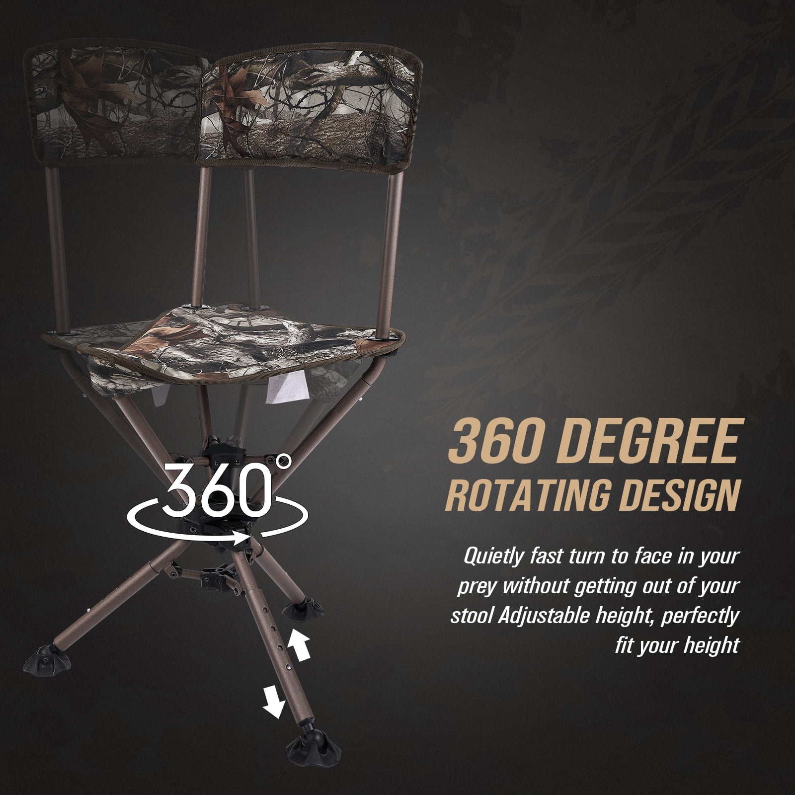KEMIMOTO 360° Camo Tripod Swivel Hunting Chair w/ Backrest Blind Chair Height Adjustable Fishing Camping Stool Chair for Outdoor
