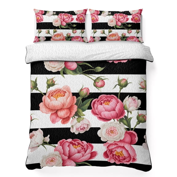 Twin-XL Quilt Bedding Set Country Pink Rose Flowers Breathable Summer Cooling Blanket for Hot Sleepers, Floral on Black White Striped Lightweight Soft Bedding Set with 2 Pillow Shams for All Season